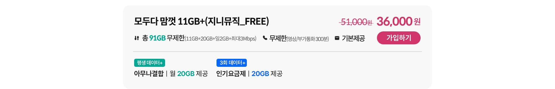 모두다 맘껏 11GB+(지니뮤직_FREE) 가입하기