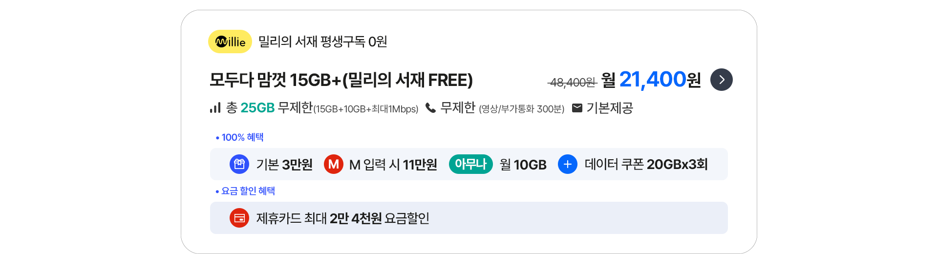 모두다 맘껏 15GB+(밀리의 서재 FREE)