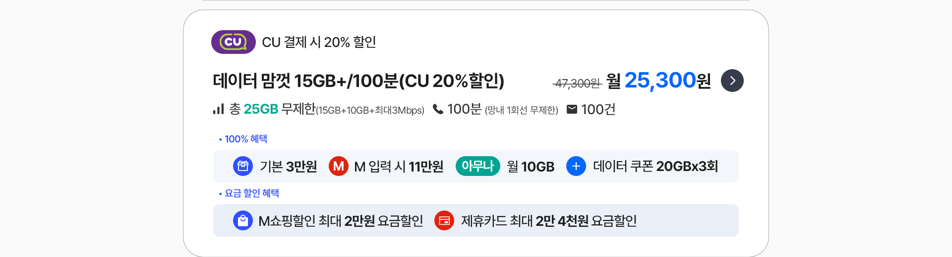 데이터 맘껏 15GB+/100분(CU 20%할인)