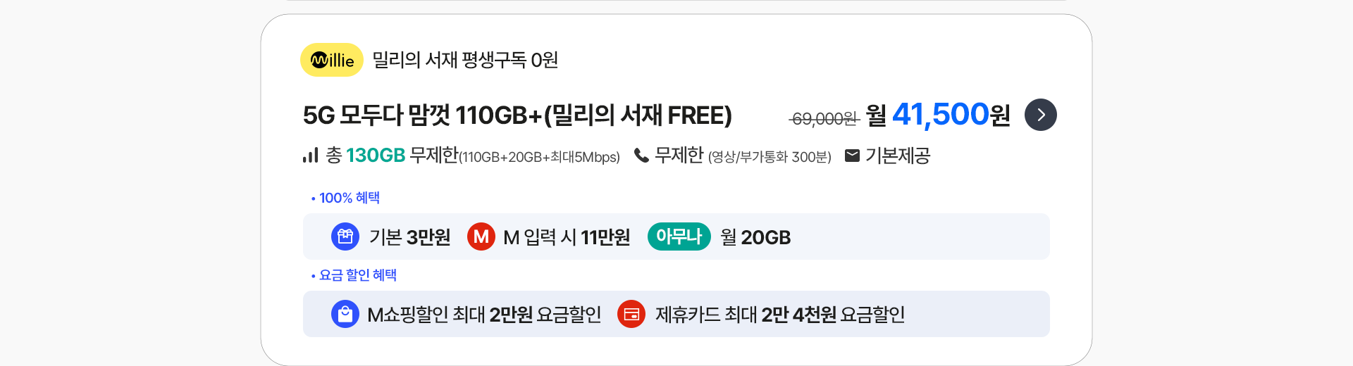 5G 모두다 맘껏 110GB+(밀리의서재 FREE) 가입하기