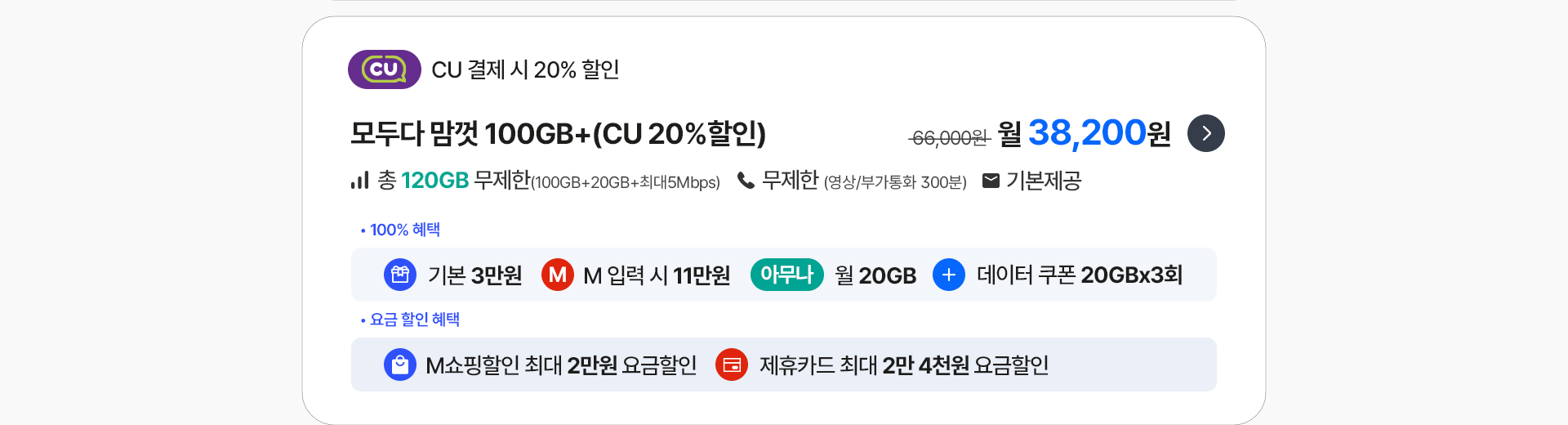 모두다 맘껏 100GB+(CU 20%할인) 가입하기