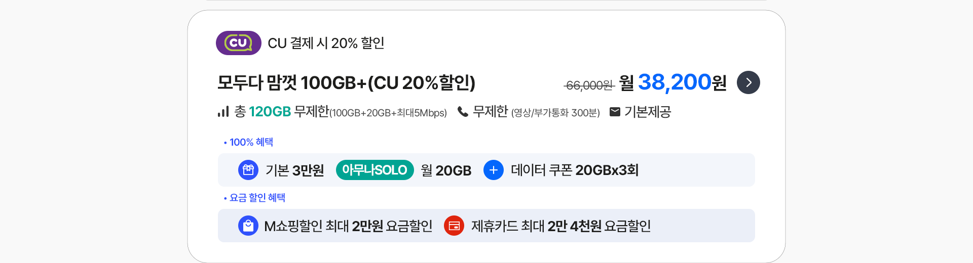 모두다 맘껏 100GB+(CU 20%할인) 가입하기